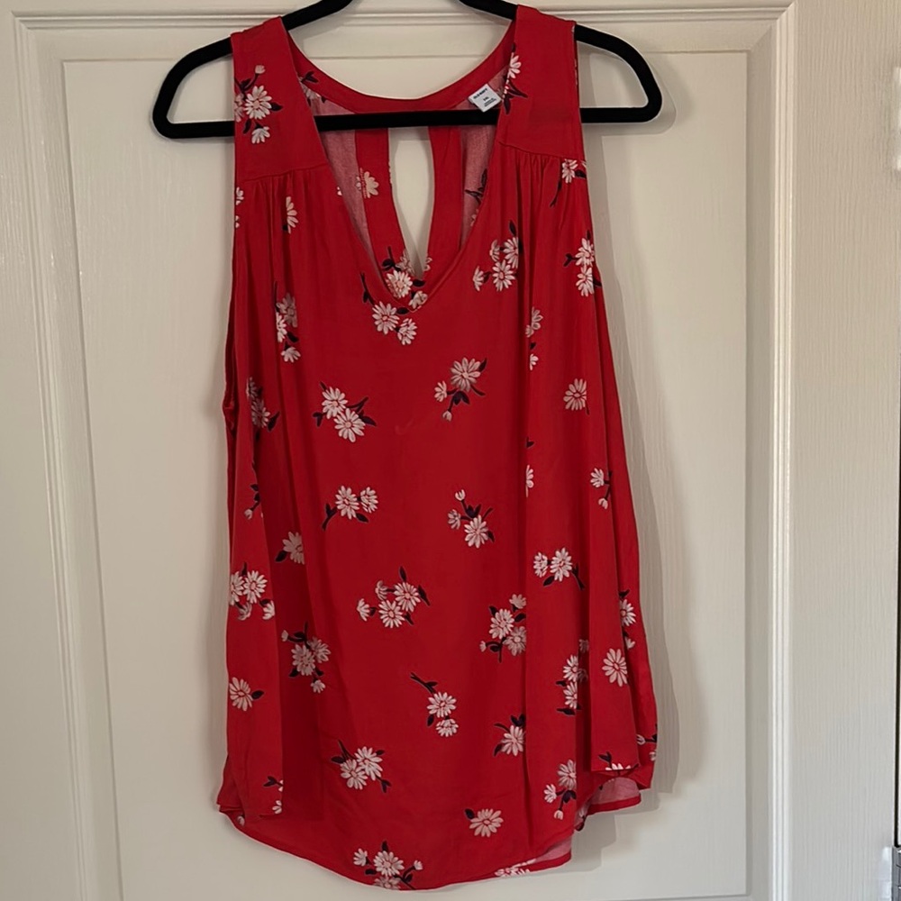 Old Navy Red Tank Top with Floral Print and Cut Out Design